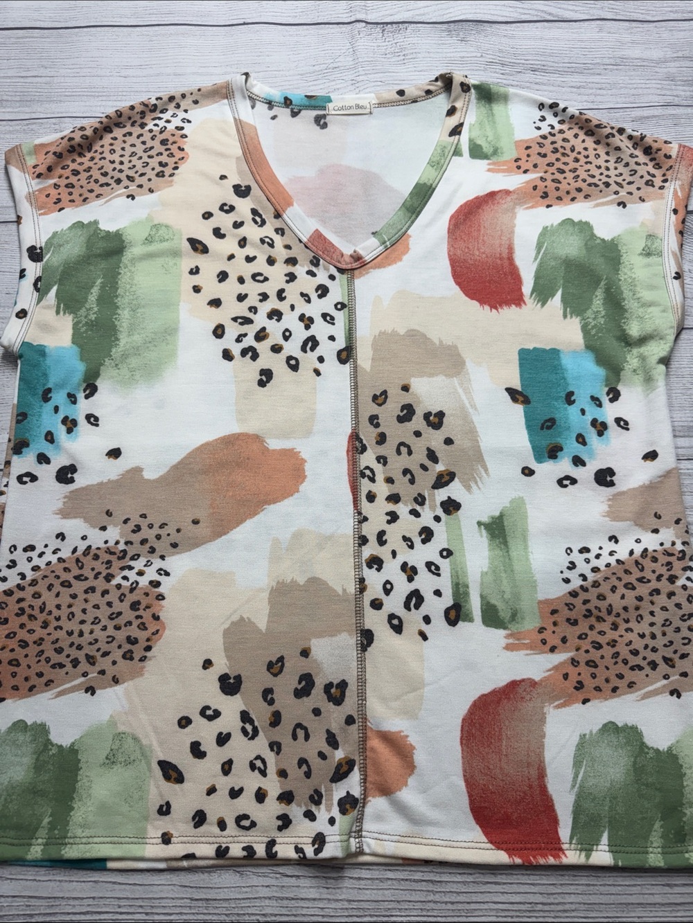 Cotton Bleu V-Neck Short Sleeve Top in Multi-Color Abstract